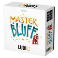 Imagem principal do jogo de cartas MasterBluff da Ludic, mostrando a caixa colorida com ilustrações de personagens de fantasia e o título do jogo em destaque.