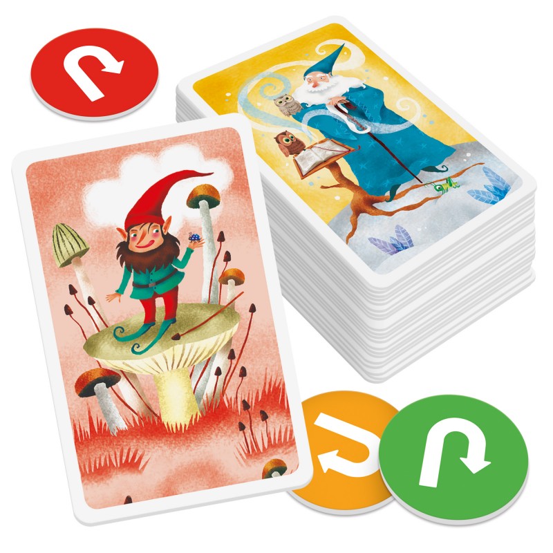 Componentes do jogo MasterBluff dispostos: 48 cartas, 5 fichas de alteração e o manual de regras, prontos para jogar.