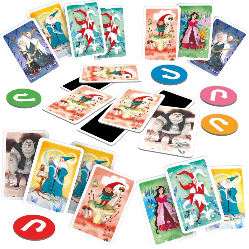 Detalhe das cartas do jogo MasterBluff, exibindo as ilustrações dos diferentes personagens (duendes, mágicos, bruxas, fadas, ogres, bobos) e os símbolos de alteração.