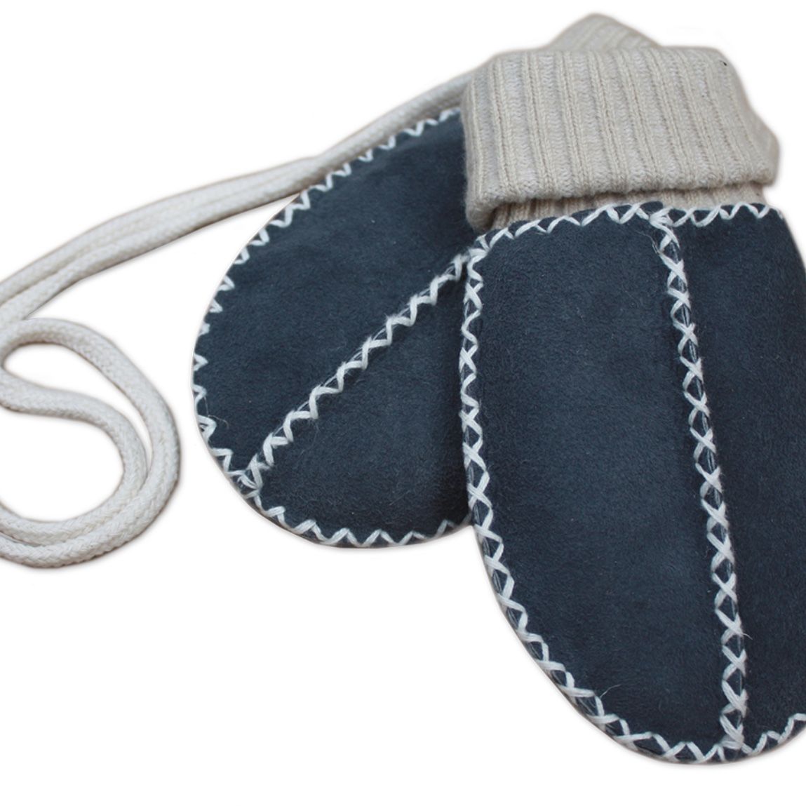 Luvas de bebé Hoppediz em tom azul escuro com interior de pêlo e fio de segurança.