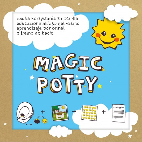 Ilustração do Magic Potty, mostrando o livro, os autocolantes e o conceito de recompensas visuais para motivar as crianças durante o desfralde.