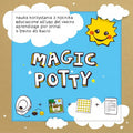 Ilustração do Magic Potty, mostrando o livro, os autocolantes e o conceito de recompensas visuais para motivar as crianças durante o desfralde.