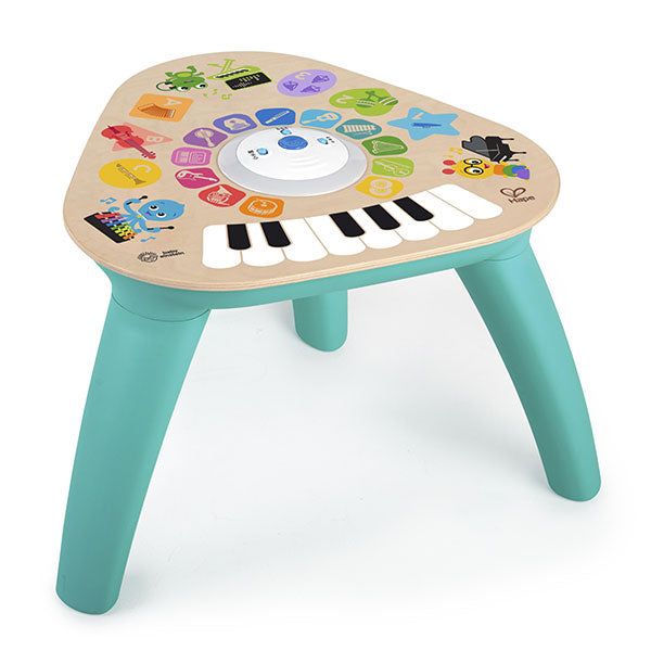 Vista frontal da Hape Baby Einstein Mesa de Atividades Magic Touch com as pernas azuis, sem crianças, mostrando o design completo.
