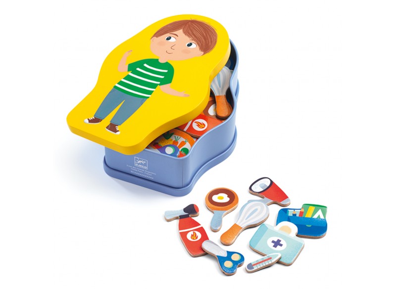 Caixa de arrumação do jogo Djeco Jobissimo aberta, mostrando como as peças magnéticas de madeira se guardam no seu interior.