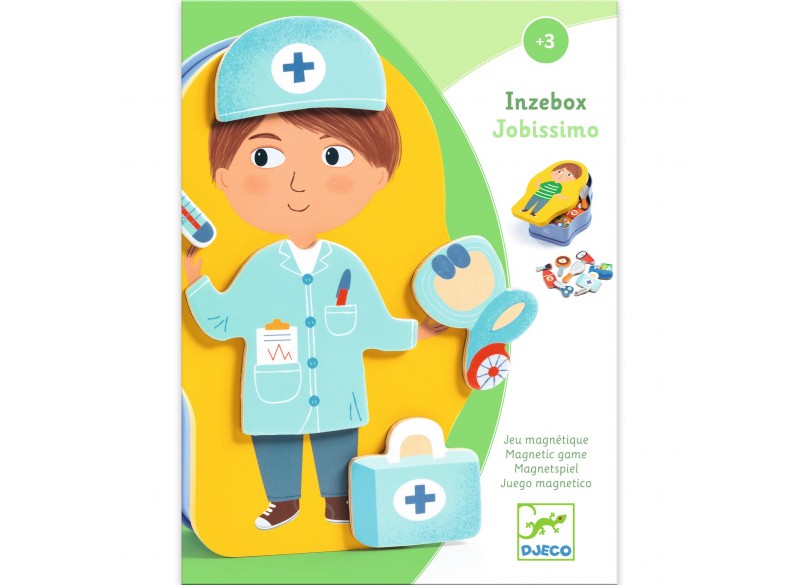 Vista superior da embalagem do jogo magnético para crianças Inzebox Jobissimo da Djeco, destacando a ilustração do personagem médico.