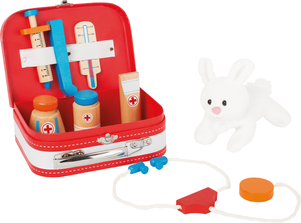 Mala de Veterinário de madeira small foot com instrumentos e coelho de peluche.