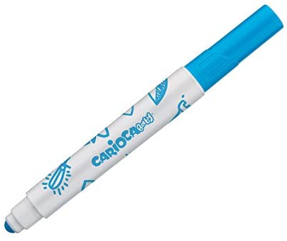 Marcador azul Carioca Baby com corpo branco decorado.