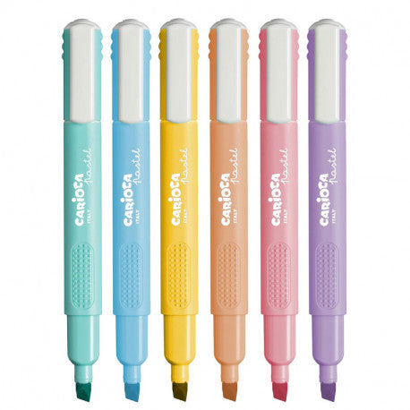 Conjunto de seis marcadores Carioca Pastel em cores suaves com ponta biselada.