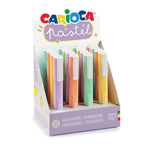 Marcadores Carioca Pastel organizados em expositor de cartão.