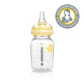 Conjunto de frascos de leite Medela com tampas, ideais para extrair, armazenar e alimentar leite materno.