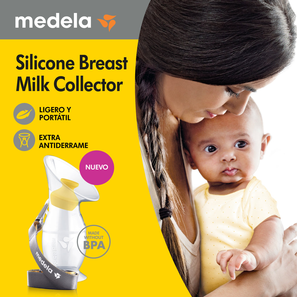 Detalhe do coletor de leite Medela com a tampa de silicone colocada, destacando o sistema duplo à prova de derrame.