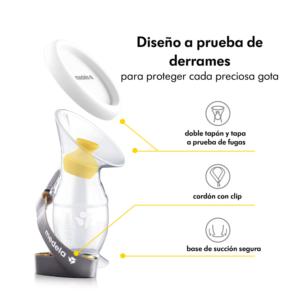 Coletor de leite Medela em uso, preso ao peito com a fita de tecido com clip, recolhendo o leite materno durante a amamentação.