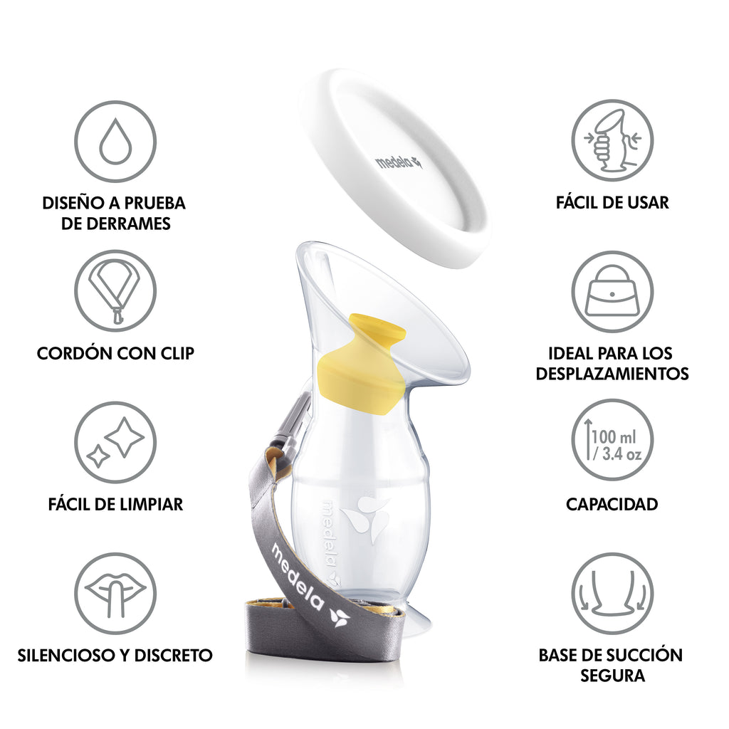 Coletor de leite materno Medela em silicone transparente, visto de frente, mostrando o funil e a base de sucção.