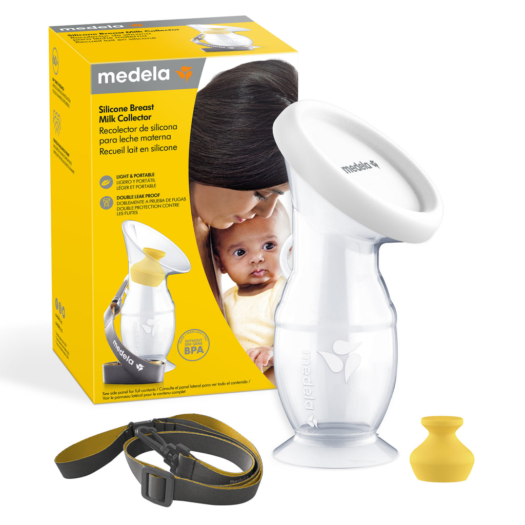 O Coletor de Leite Materno Medela com a tampa de silicone colocada, demonstrando o sistema duplo anti-gotejo.