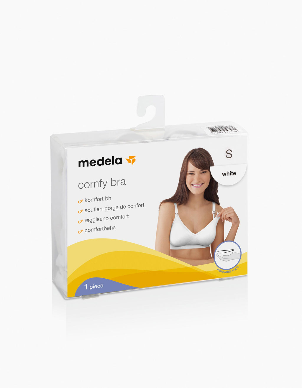 Embalagem do Sutiã Medela Comfy Branco XL, tamanho S, mostrando a marca e as informações do produto.