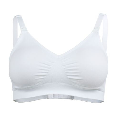 Sutiã Medela Comfy Branco XL, tamanho XL, vista frontal, mostrando o design sem costuras e a abertura para amamentação.