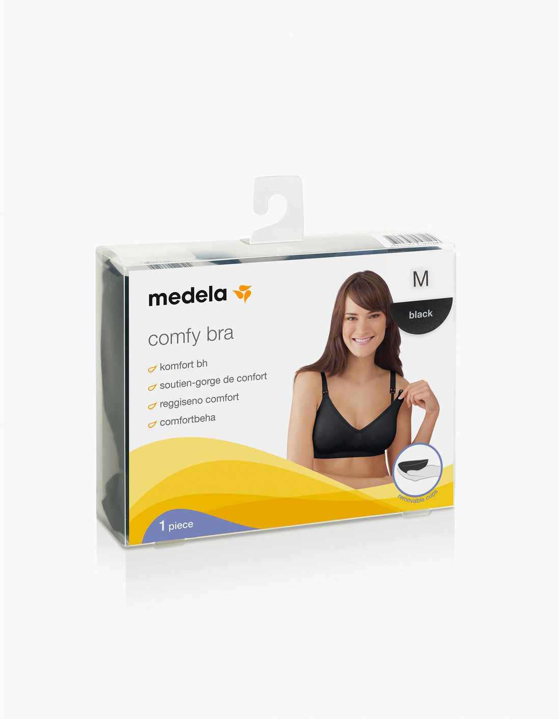 Sutiã Medela Comfy Preto XL, tamanho XL, vista frontal, mostrando o design sem costuras e o detalhe das alças.