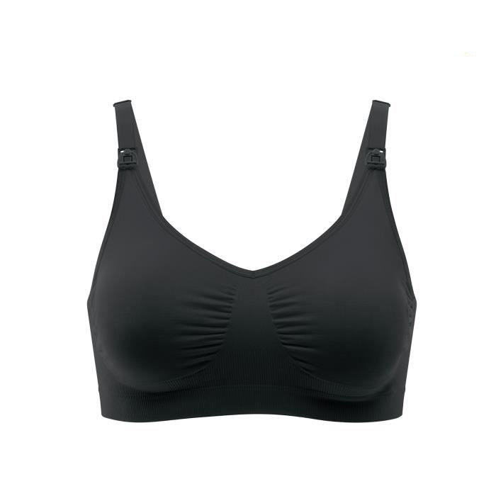 Sutiã Medela Comfy Preto XL, tamanho XL, vista frontal, mostrando o design sem costuras e o detalhe das alças.