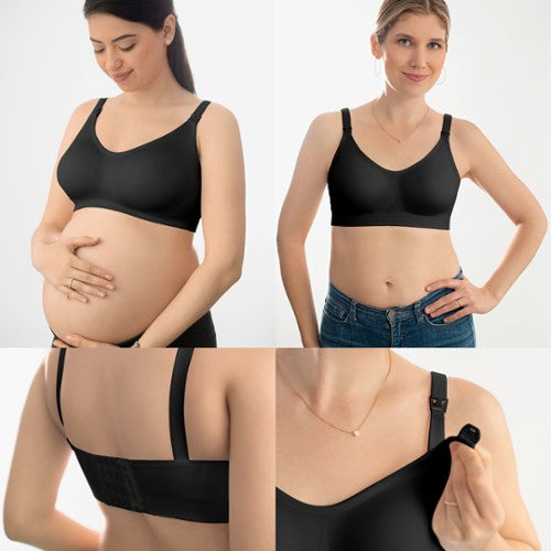 Detalhe do fecho de amamentação do sutiã Medela Ultimate BodyFit preto, mostrando o clip de abertura fácil com uma mão.