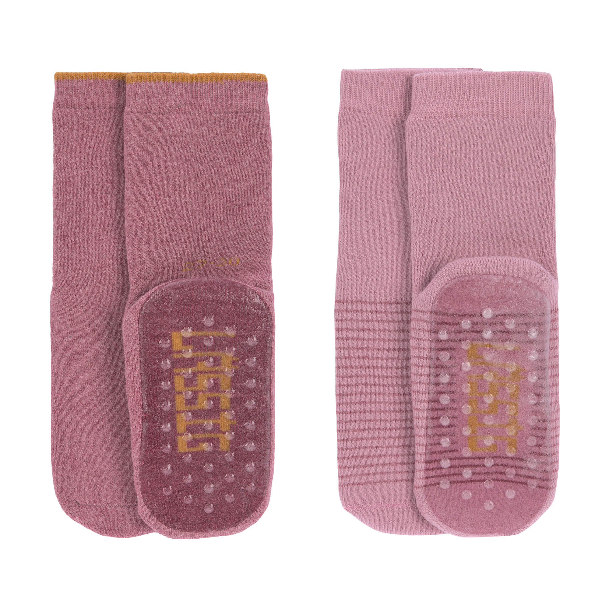 Meias antiderrapantes rosa da Lassig com sola de silicone para bebé.