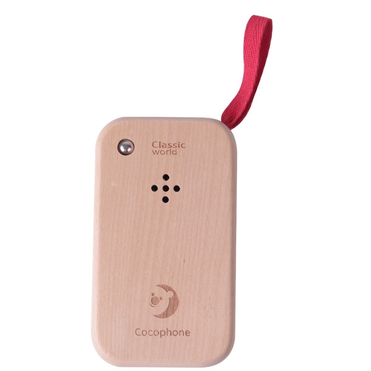 Parte de trás do telemóvel de brincar da Classic World, exibindo a madeira natural e os logótipos gravados "Cocophone".