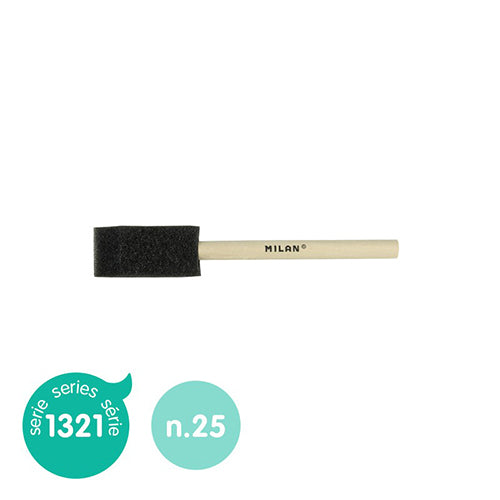 Pincel de esponja Milan de 25mm, com cabeça de esponja preta e cabo de madeira natural sem envernizar, ideal para aguarela.