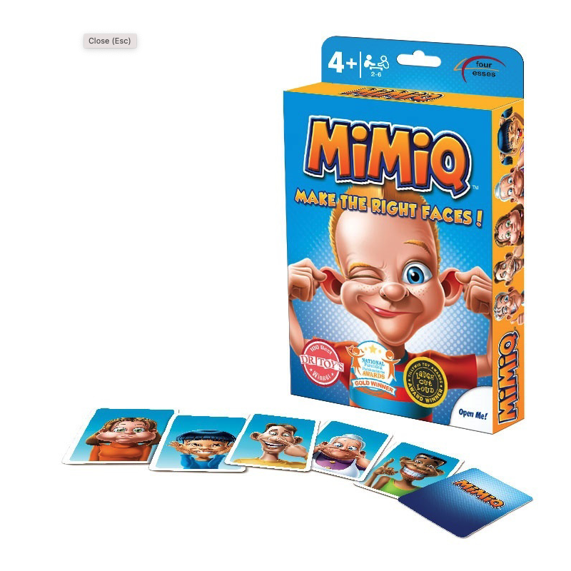 Caixa do jogo MIMIQ e algumas cartas espalhadas mostrando diferentes caretas.
