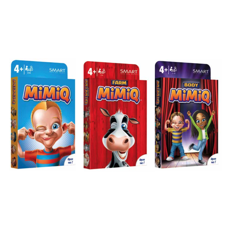 Três caixas do jogo MIMIQ da Smart Games: a versão original, a versão Farm e a versão Body.