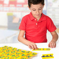 Conjunto de 168 peças de alfabeto Miniland com letras maiúsculas e minúsculas organizadas numa base plástica.