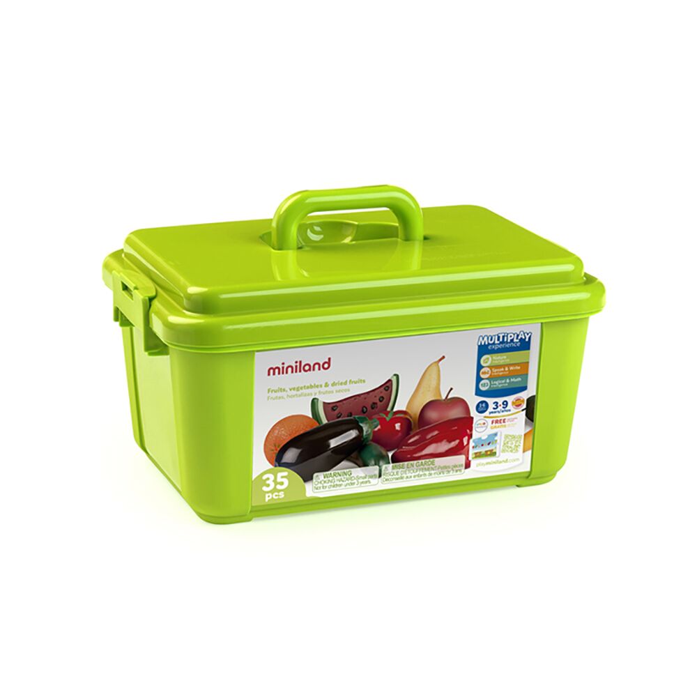Conjunto completo Miniland de 35 peças de frutos, vegetais e frutos secos em tamanho realista, ideal para aprendizagem nutricional.