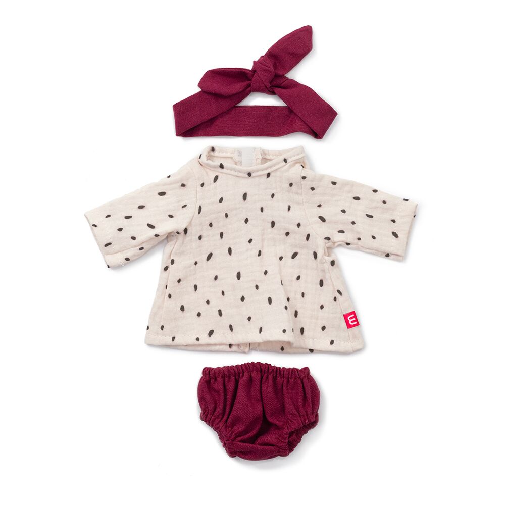Conjunto completo de roupa para boneca de 38cm: camisola bege com pontos, cuecas bordeaux, faixa de cabelo bordeaux e lenço de cabeça.