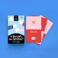 Caixa do jogo de cartas "Minus - A favor ou contra?" da the happy gang, mostrando o título e um design moderno.