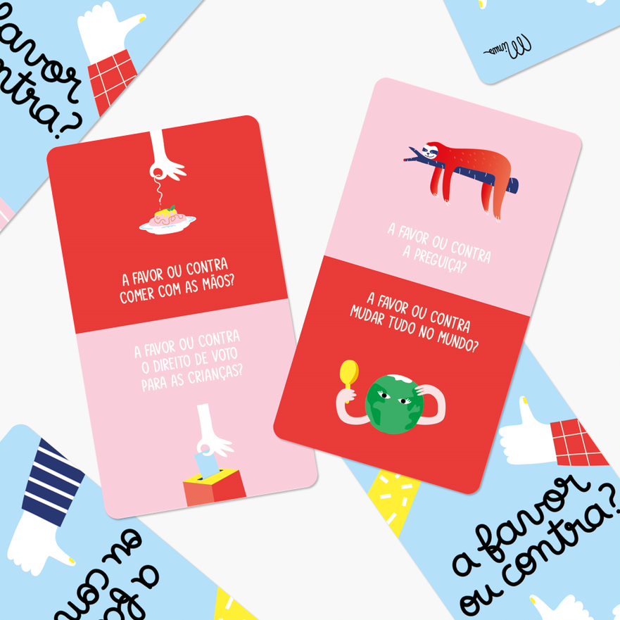 Imagem promocional mostrando o jogo "Minus - A favor ou contra?" em uso, com pessoas a interagir e a rir.