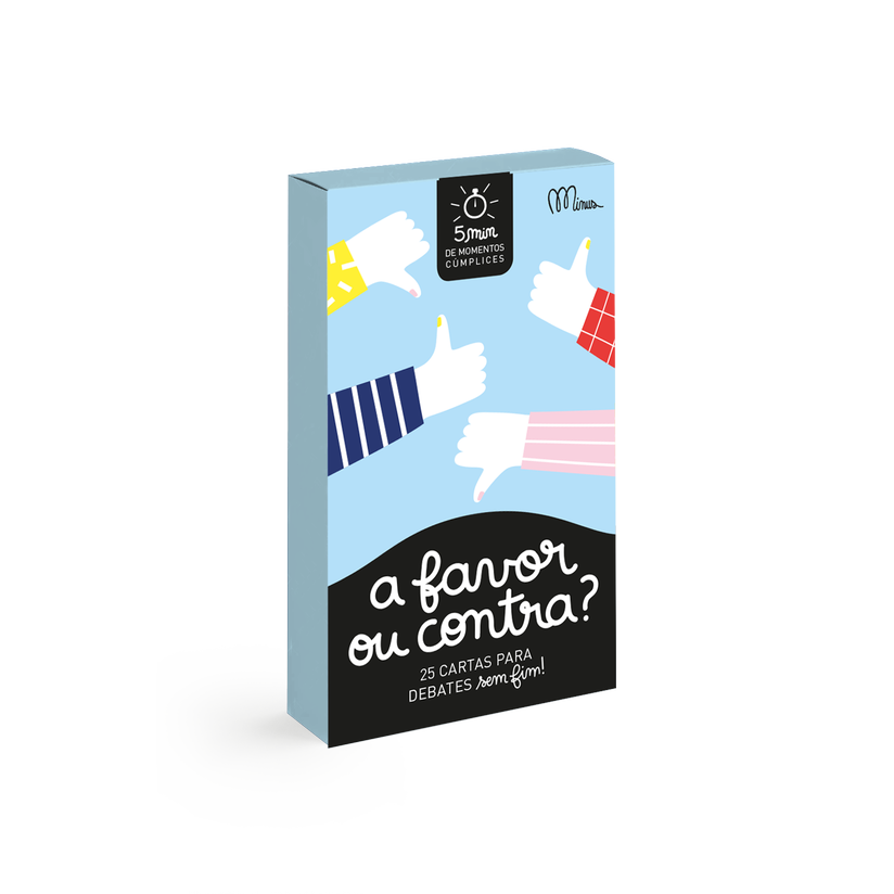 Vista lateral da caixa do jogo "Minus - A favor ou contra?" destacando o número de cartas (25) e a faixa etária (4+).