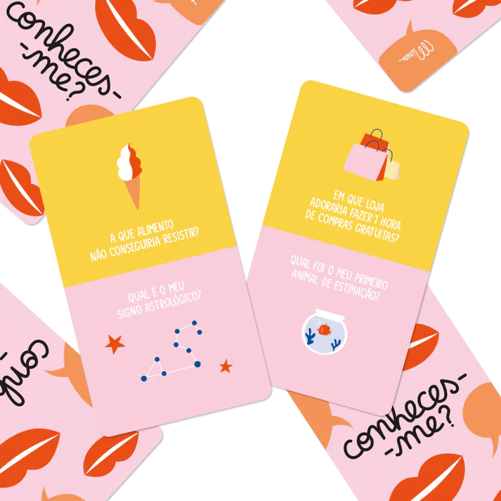 Detalhe da coleção "5 minutos de momentos cúmplices", com as cartas do jogo "Minus - Conheces-me?" em primeiro plano.