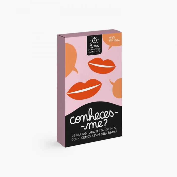 Embalagem do jogo de cartas "Minus - Conheces-me?" da the happy gang, mostrando o título e um design minimalista em tons pastel.