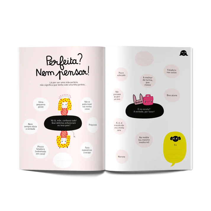 Detalhe de uma página interior do livro "Minus" com espaço para preenchimento e um ícone de coração, mostrando o formato interativo e pessoal.