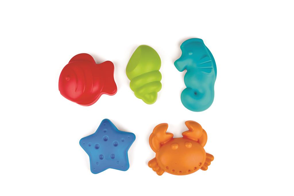 Conjunto de 5 moldes de praia Hape com formas de criaturas marinhas coloridas