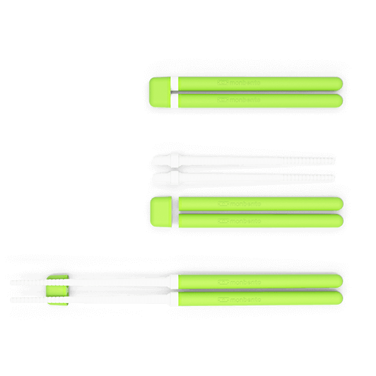 Os pauzinhos verdes Monbento inseridos no seu estojo compacto, demonstrando a portabilidade e arrumação ideal para lancheiras.