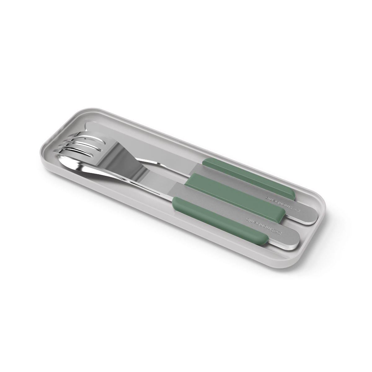 Conjunto completo de talheres Monbento (faca, garfo, colher) em aço inox com suportes verdes, apresentados no estojo de transporte cinza.