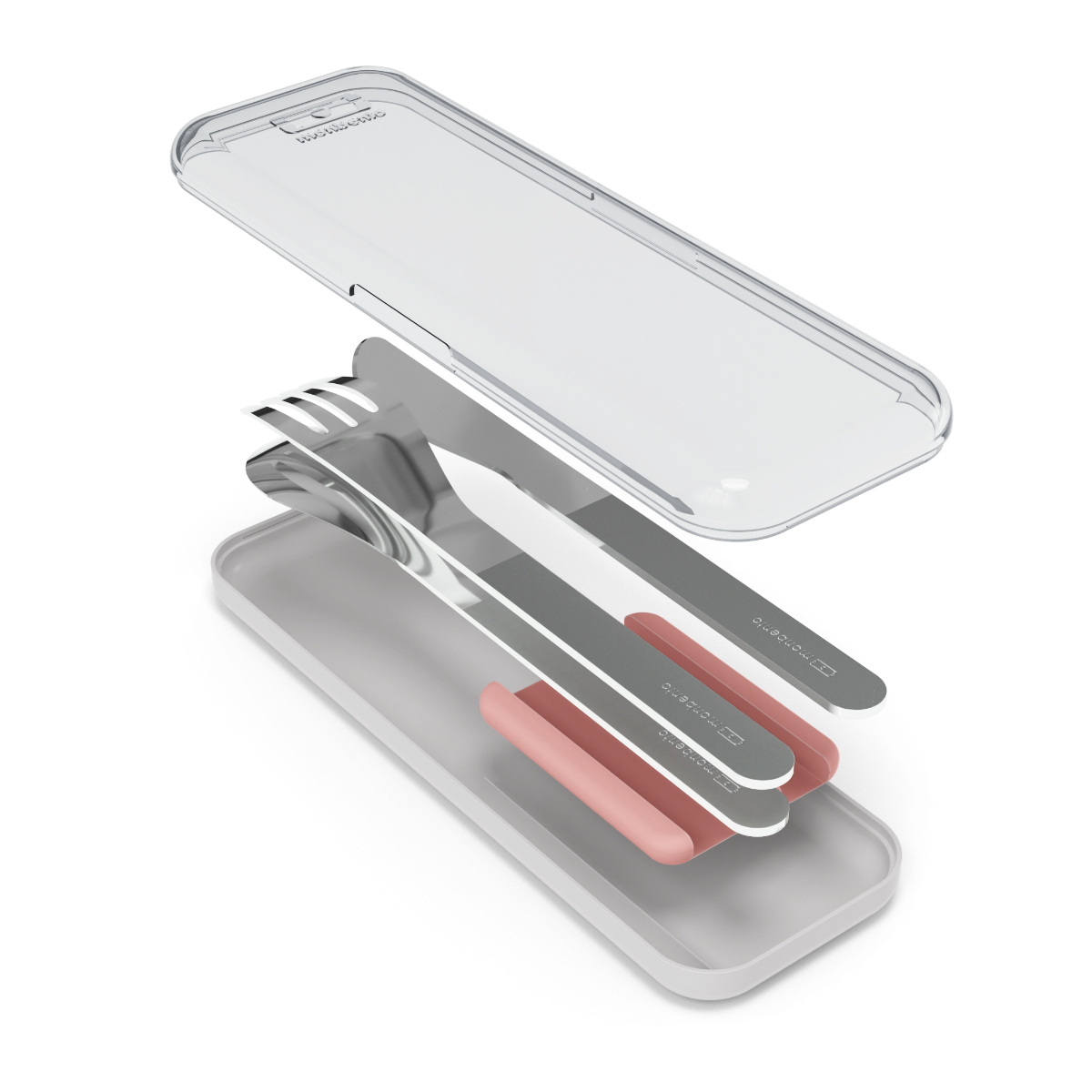 Talheres Monbento dispostos lado a lado com o seu estojo de transporte compacto (Slim Box), ideal para refeições fora de casa.