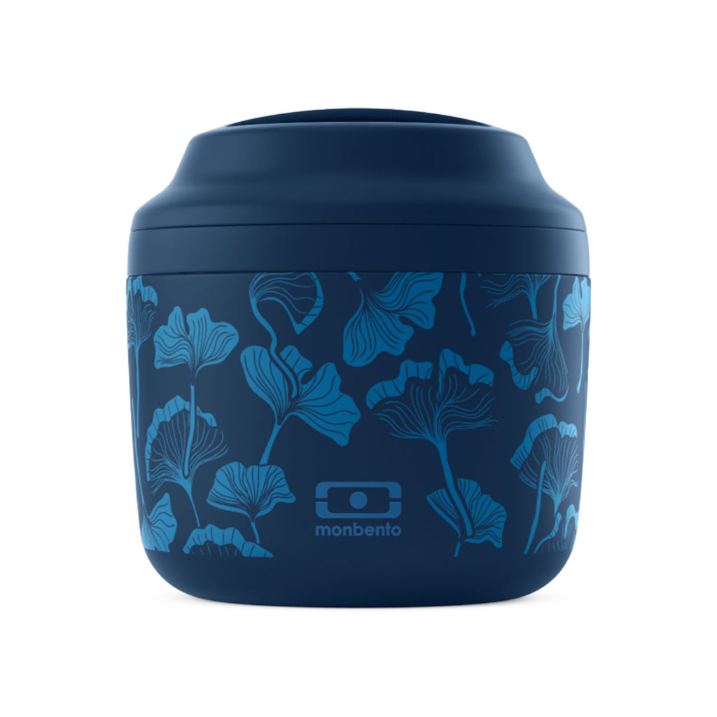 Termo sólido Monbento MB Element 550ml em azul com padrão Ginko, mostrando a tampa de rosca e o corpo em aço inoxidável.