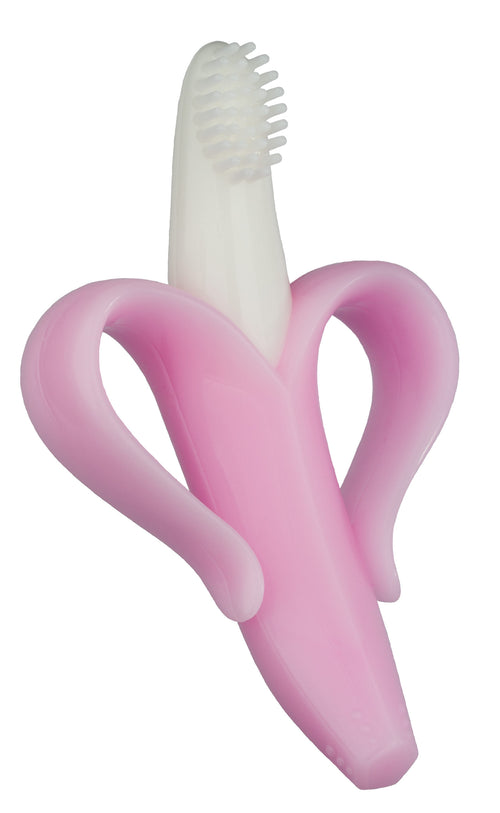 Mordedor Baby Banana em silicone rosa, em forma de banana semi-descascada, com uma escova branca na ponta.