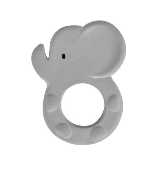 Mordedor de borracha natural Tikiri em forma de elefante, cor cinzenta, com relevos circulares na parte inferior.