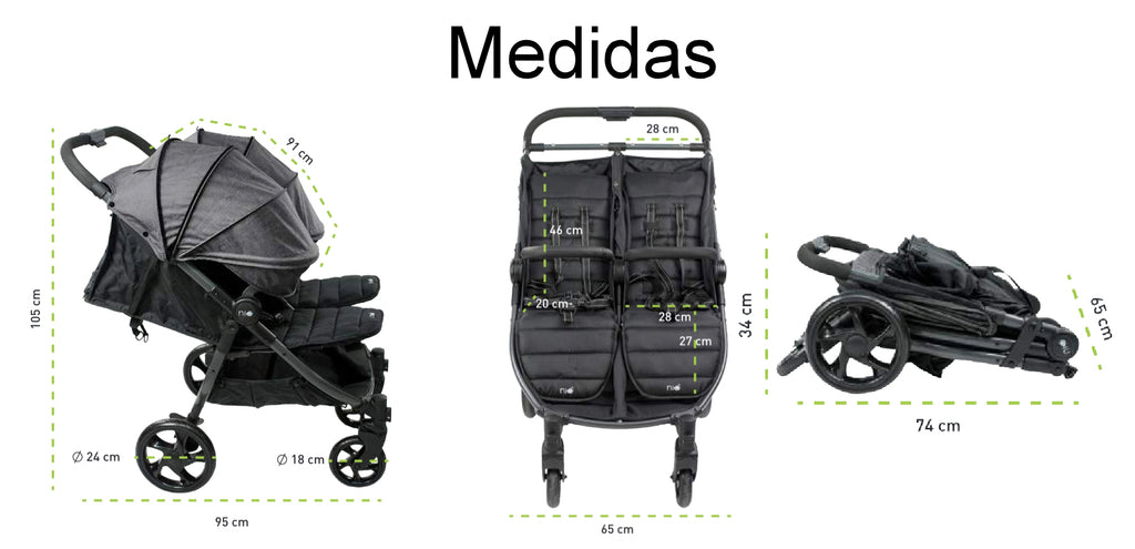 O carrinho de passeio gémeos Niu VentTwin visto de frente, com ambos os assentos em posição vertical, pronto para uso.