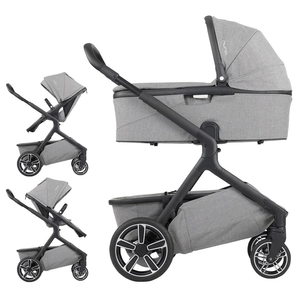 O chassis do carrinho Nuna Demi Grow dobrado, demonstrando a facilidade de arrumação e transporte do carrinho reversível.