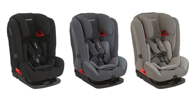 Três cadeiras auto Nuna Myti em diferentes cores: preto, cinzento e bege.