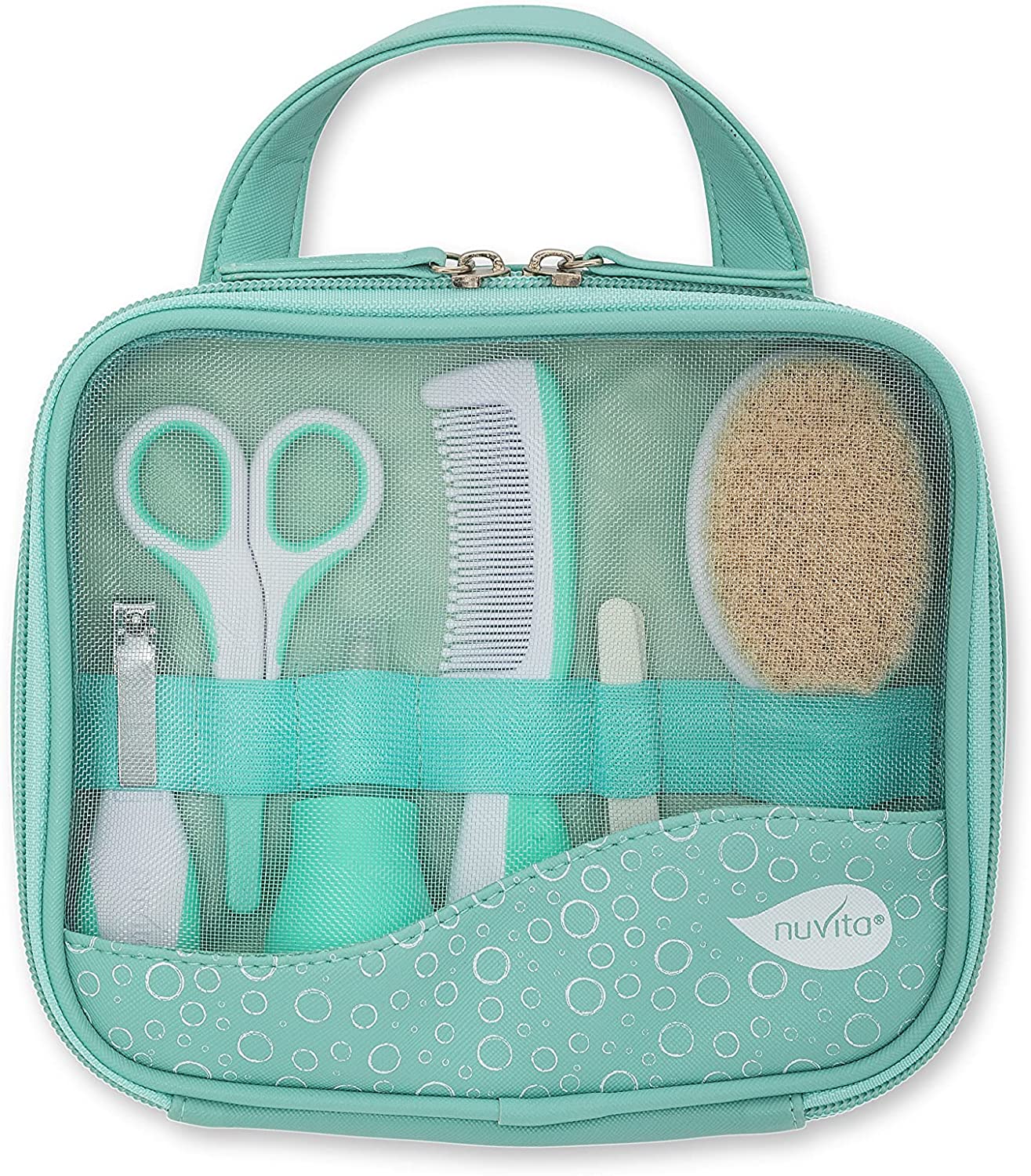 Bolsa de higiene para bebé Nuvita, cor verde-água, com janela de rede transparente mostrando tesoura, pente, lima e escova de banho.