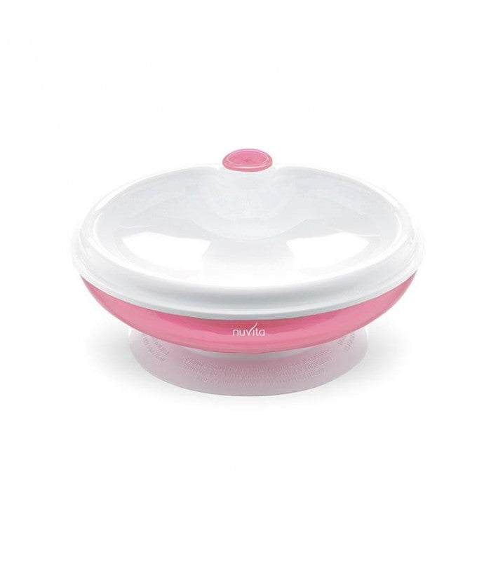 Prato térmico Nuvita rosa com ventosa, mostrando o compartimento principal e a tampa, ideal para manter a papa quente.