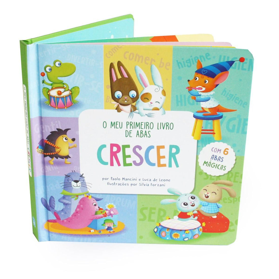 Capa do livro "O Meu Primeiro Livro de Abas Crescer", mostrando um design colorido com animais e abas interativas.